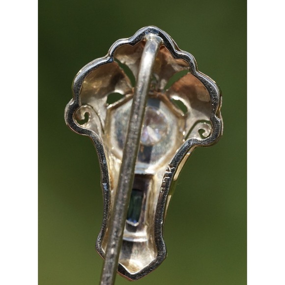 Antique 18k Solid White Gold Old Mine‎ Cut Diamond Sapphire Stickpin - Hat pin - Picture 5 of 11